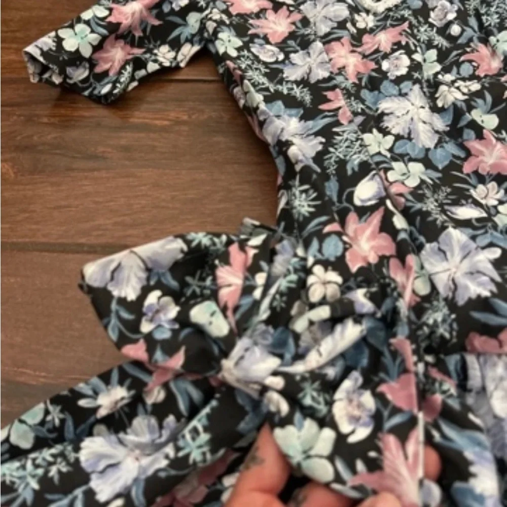 Black Floral Lace-Trim Fit & Flare Dress